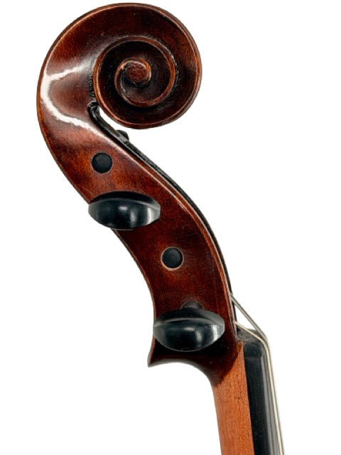 Close-up of a viola scroll and pegs, displaying the intricate spiral wood carving and tuning pegs against a white background—an elegant detail often admired on intermediate models like the Andreas Eastman VA305 Stradivari Viola.