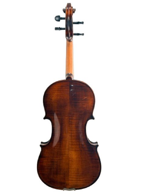 An Andreas Eastman VA305 Stradivari Viola is shown from the back, highlighting its polished brown surface, elegant curves, and the neck with tuning pegs—all reflective of fine craftsmanship—set against a white background.