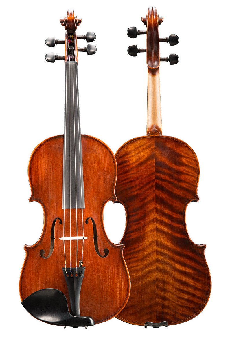 Two Andreas Eastman VA305 Stradivari Violas standing upright: one facing forward to reveal the strings and f-holes, and the other turned to showcase the wood grain—evoking handcrafted elegance inspired by Stradivari, ideal for intermediate viola players seeking exceptional craftsmanship.