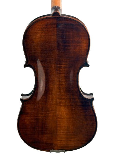 The back of a wooden viola, polished with a rich brown finish and showcasing its graceful curves and intricate grain pattern, reflects the elegant craftsmanship characteristic of intermediate instruments like the Andreas Eastman VA305 Stradivari Viola.