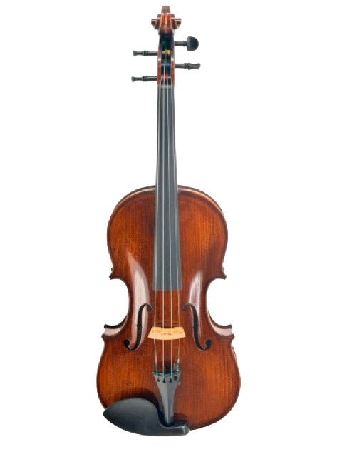 A full view of the Andreas Eastman VA305 Stradivari Viola—showcasing its rich brown wooden body with black tuning pegs, chin rest, and tailpiece—is presented upright against a clean white background, making it an ideal choice for intermediate viola players inspired by classic Stradivari design.