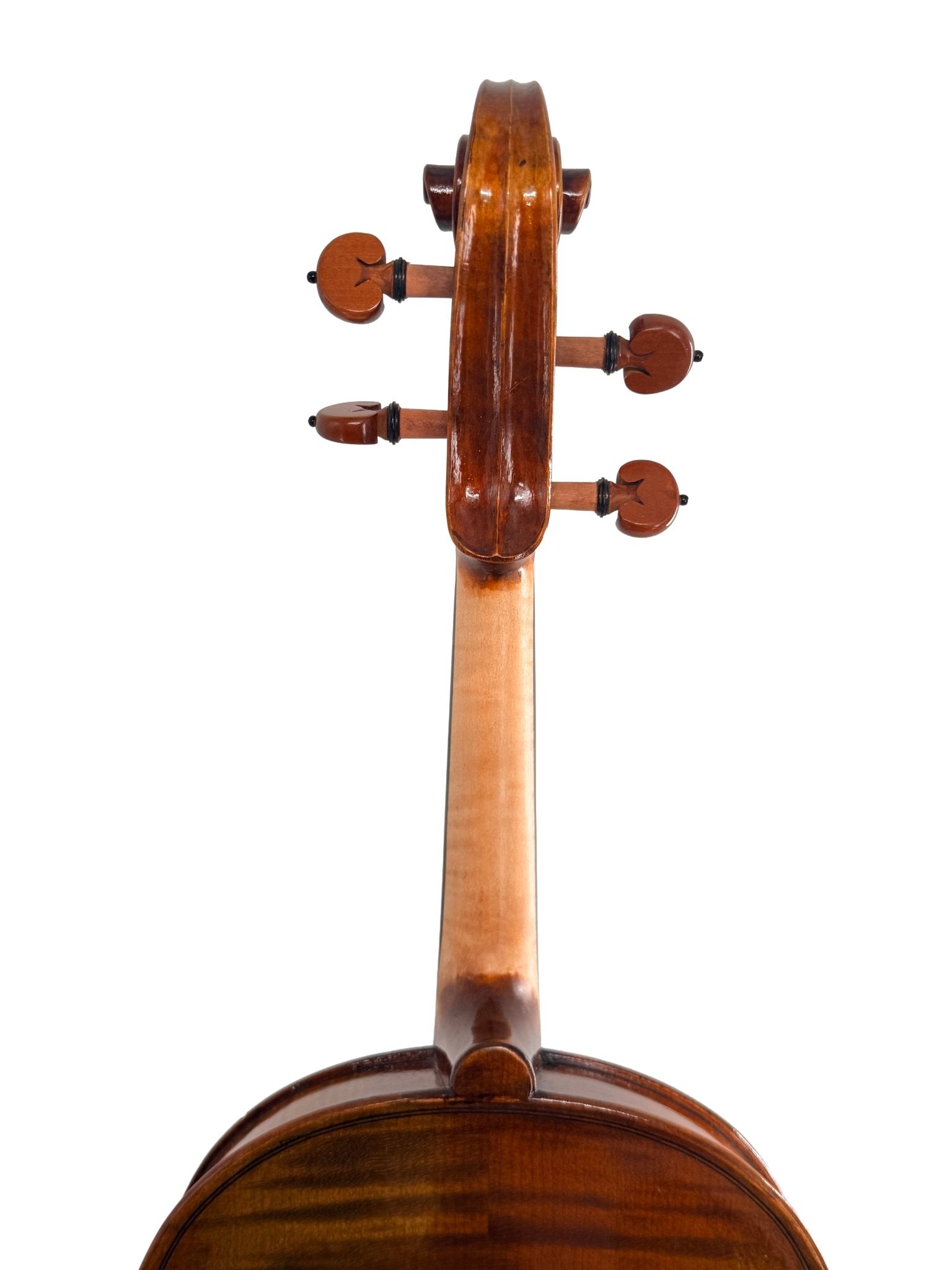 Close-up of the back of an Andreas Eastman VA405 Viola’s neck and scroll, highlighting the handcrafted wooden pegs and polished wood grain finished with an antiqued spirit varnish, photographed on a white background.