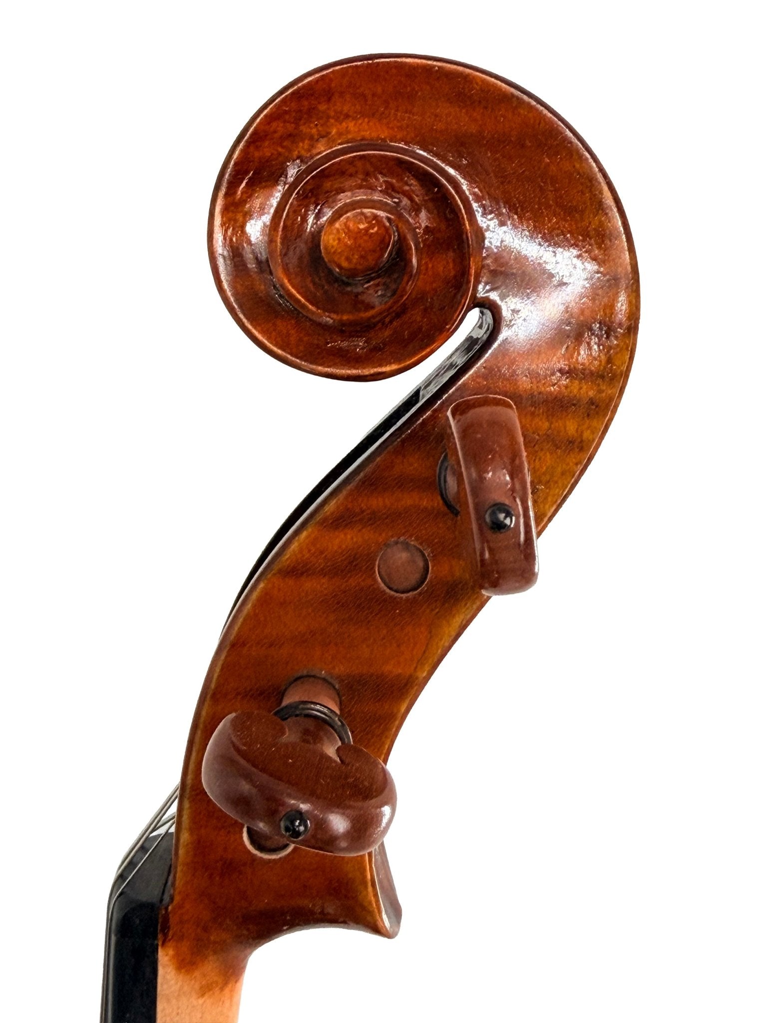 Close-up of the scroll and tuning pegs of the Andreas Eastman VA405 Viola, showcasing its distinctive antiqued spirit varnish, isolated on a white background.