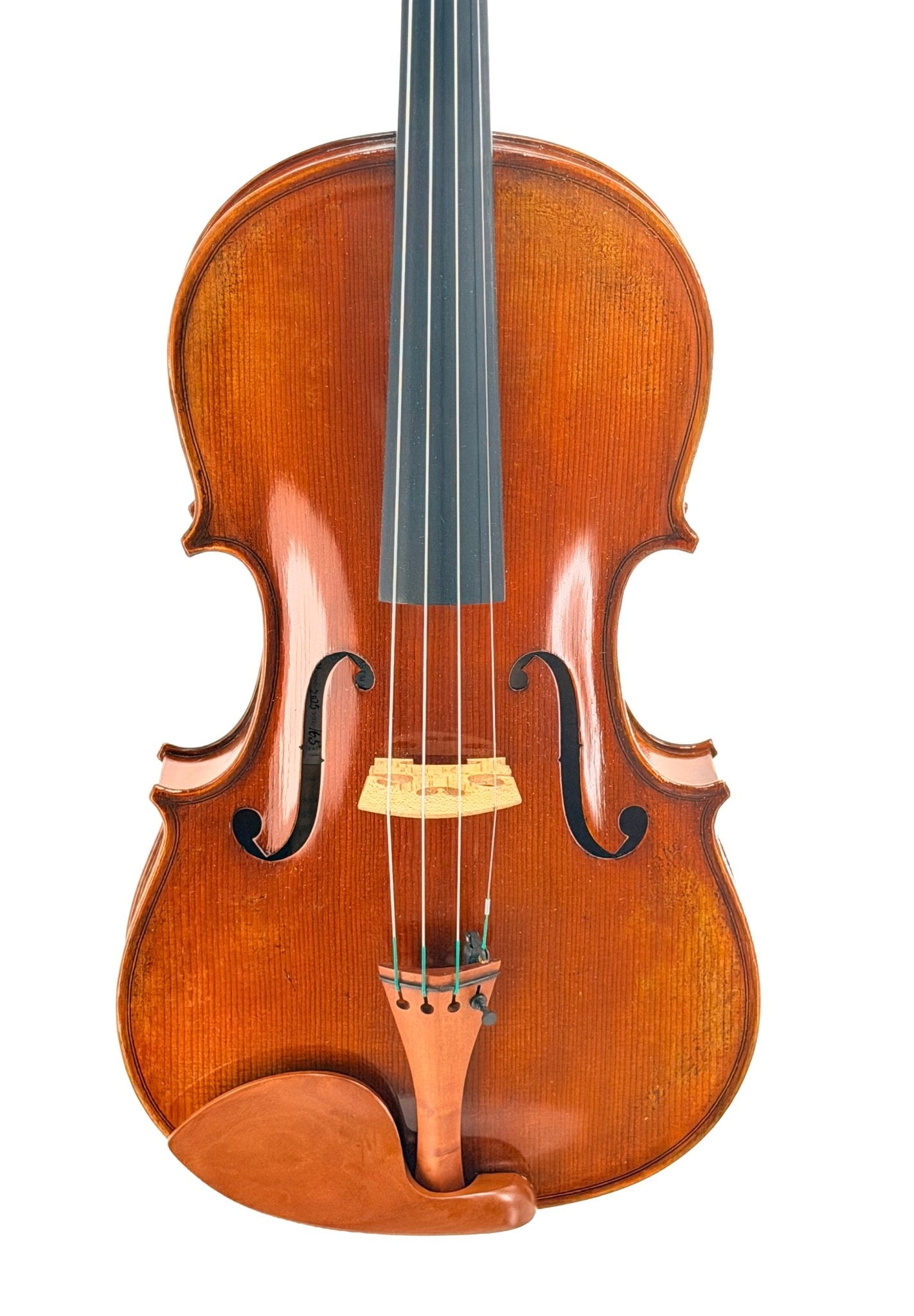 A close-up of the Andreas Eastman VA405 Viola highlights its handcrafted front body, strings, f-holes, bridge, and chinrest, all finished in a warm antiqued spirit varnish, isolated on a white background.