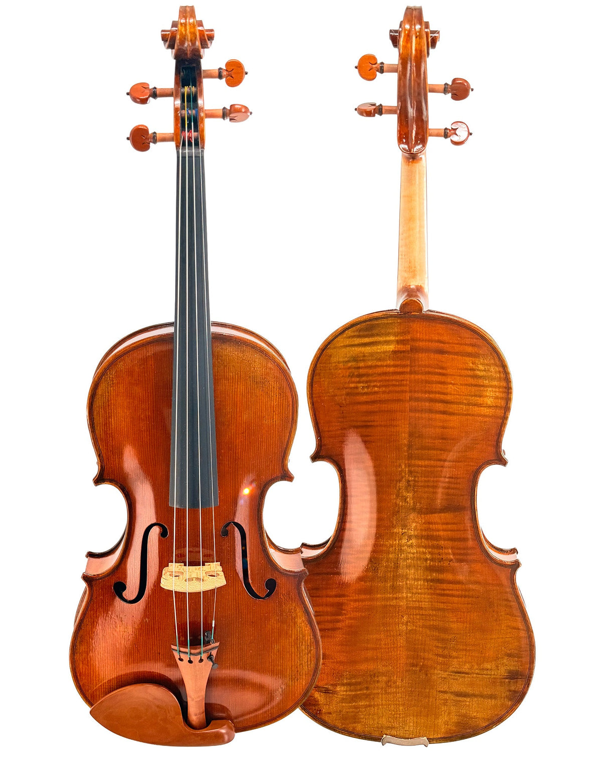 Two Andreas Eastman VA405 Violas are shown: one displays the front with strings and f holes, while the other reveals the back highlighting a glossy wood finish. Both feature a rich brown color, wooden tuning pegs, and an antiqued spirit varnish reminiscent of finely handcrafted instruments.