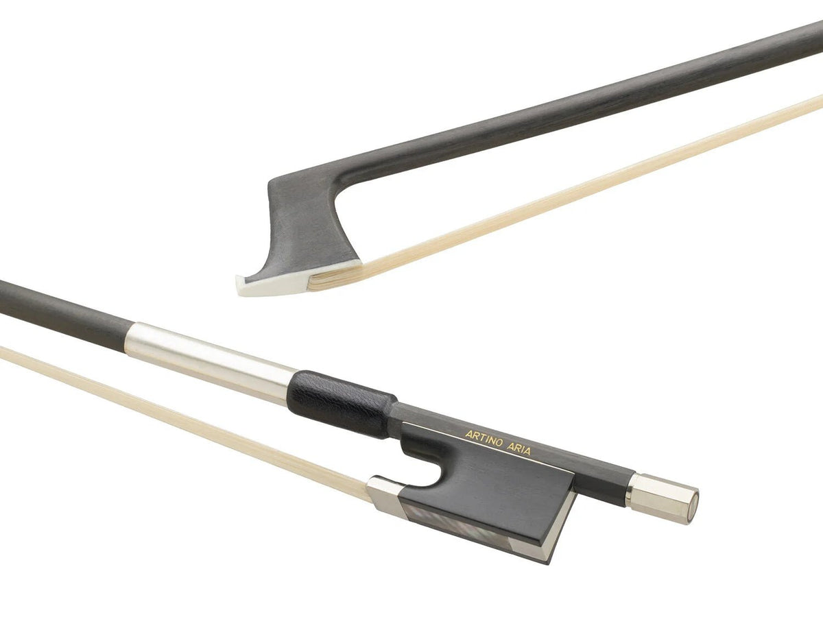 A detailed and full-length view of the Artino Aria BC-471 Carbon Fiber Violin Bow – 4/4 with silver fittings, displayed against a white background. The bow features "ARTINO ARIA BC-471" printed in gold near the frog, emphasizing this elegant full-size violin bow.