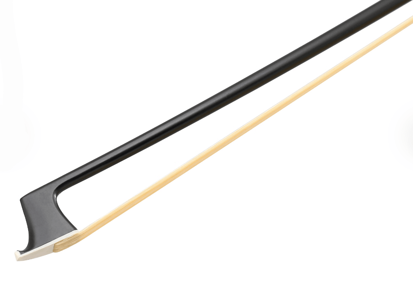 A close-up shows the Artino Carbon Composite Violin Bow’s black carbon fiber stick, white tip, and light horsehair set against a white background.