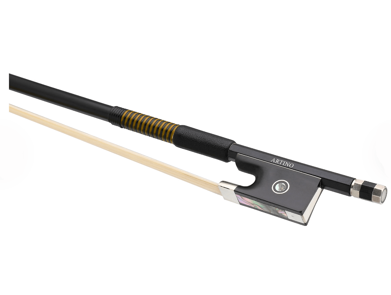 A close-up of the Artino Carbon Composite Violin Bow features a black stick, silver winding, a frog labeled ARTINO with abalone inlay and silver accents, and pale, taut bow hair.