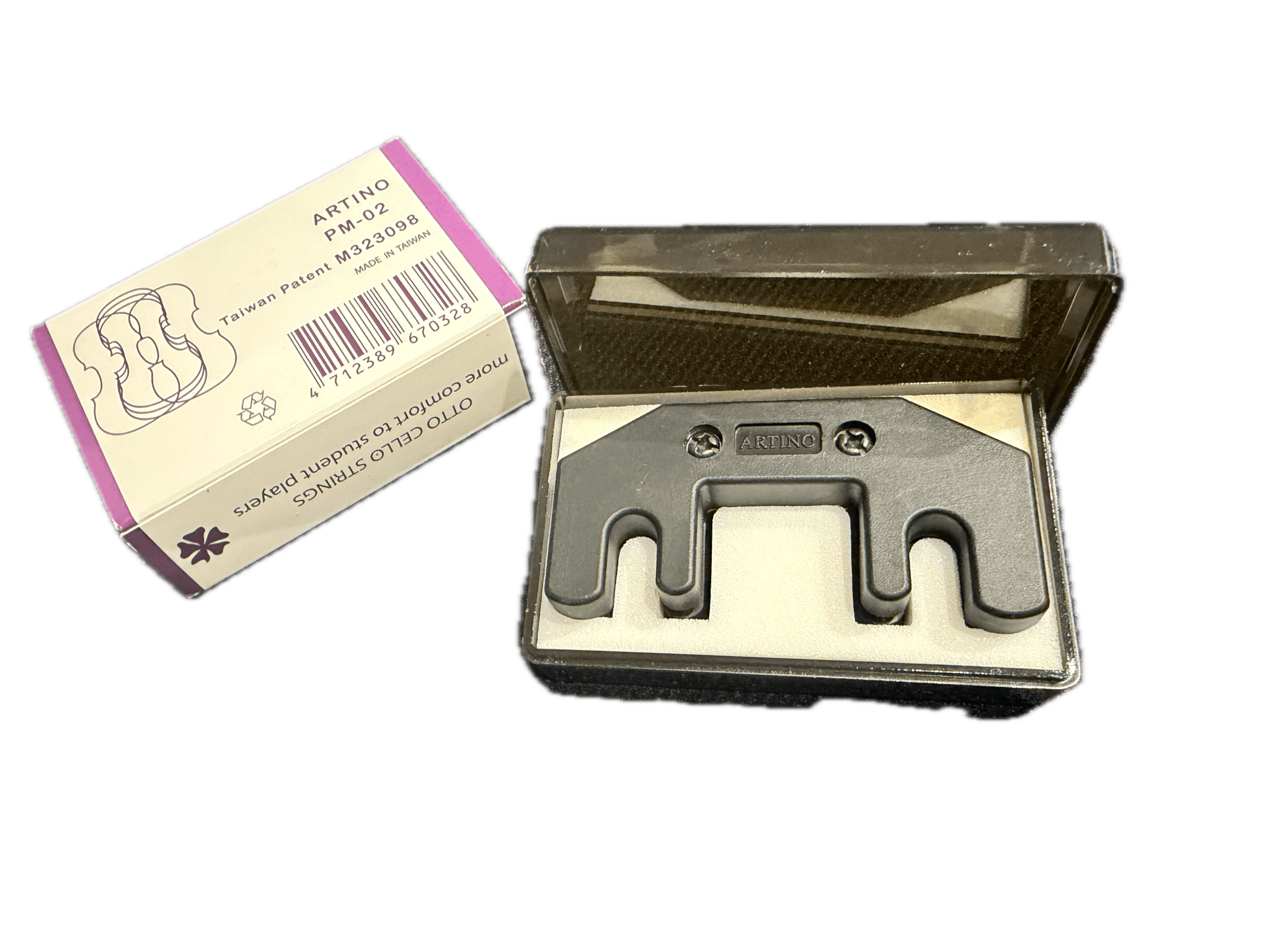 The Artino Cello Practice Mute, made of metal and labeled "ARTINO," is shown in an open plastic case beside its original box, which features a mute illustration and product details—perfect for quiet cello practice and sound reduction.