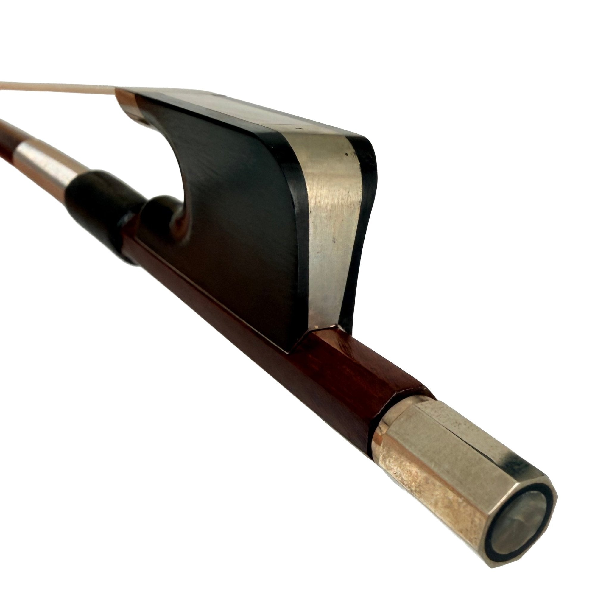 Close-up of an Artino Gavotte BBC-180RA Premium Brazilwood Viola Bow, highlighting the frog, metal fittings, and part of the brazilwood stick—an excellent intermediate viola bow—set against a white background.