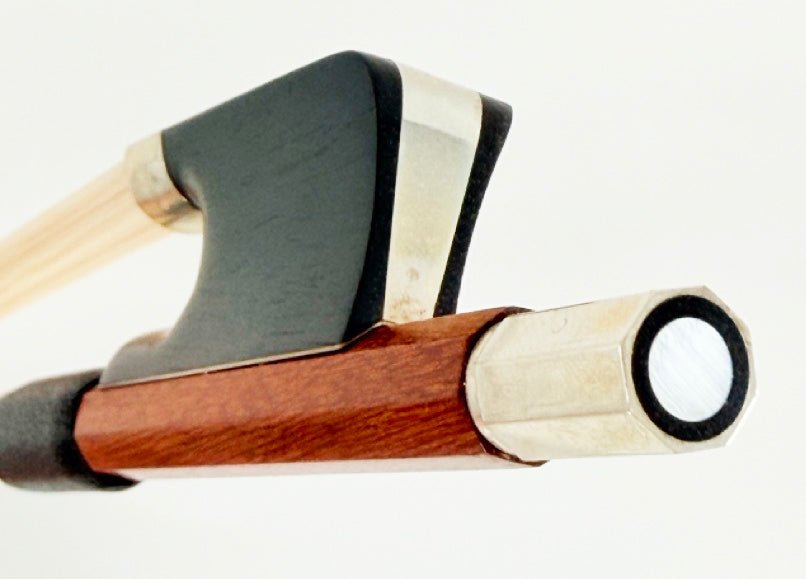 Close-up of the frog and end screw of the Artino Germany BF-215A Pernambuco Viola Bow – Octagonal, showing the wooden stick, metal fittings, and hair, against a plain white background.