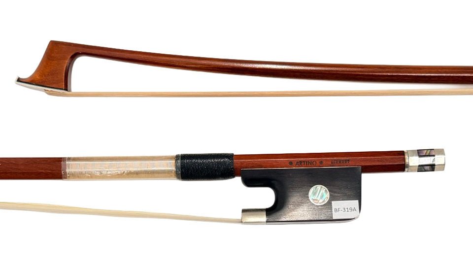A close-up photo of the Artino Germany BF-319A Pernambuco Cello Bow – Octagonal shows the wooden stick, the frog with a pearl inlay, and the horsehair. Reminiscent of fine German cello bow craftsmanship, this model features a silver winding near the frog.