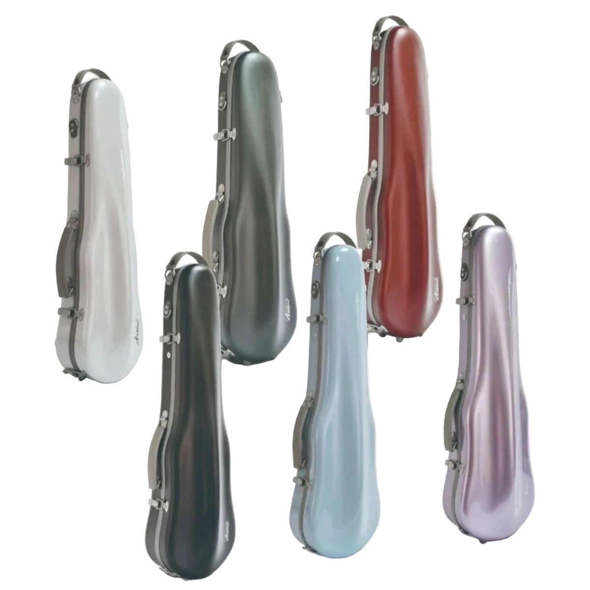 Six Artino Muse CN3804 Violin Cases (4/4 & 3/4), featuring glossy polycarbonate shells in silver, gray, red, black, blue, and lavender, stand upright on a light background arranged in two rows of three.