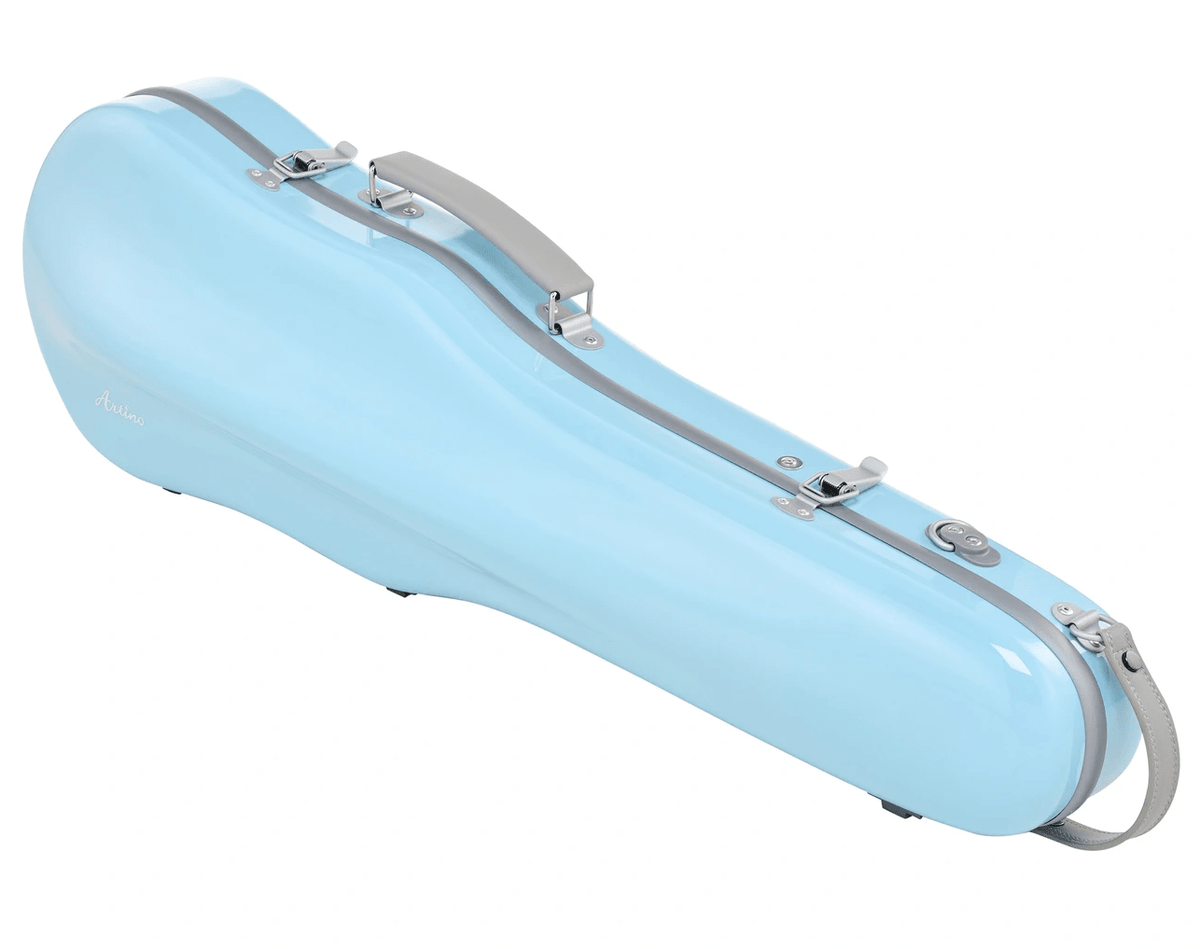 The Artino Muse CN3804 Violin Case (4/4 & 3/4) is a light blue, lightweight case featuring a sturdy polycarbonate shell, a convenient handle, and silver hardware, displayed on a white background.
