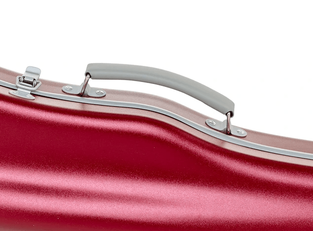 A close-up of the Artino Muse CN3804 Violin Case (4/4 & 3/4), showcasing its red, metallic polycarbonate shell with a gray handle and silver latches, set against a white background.
