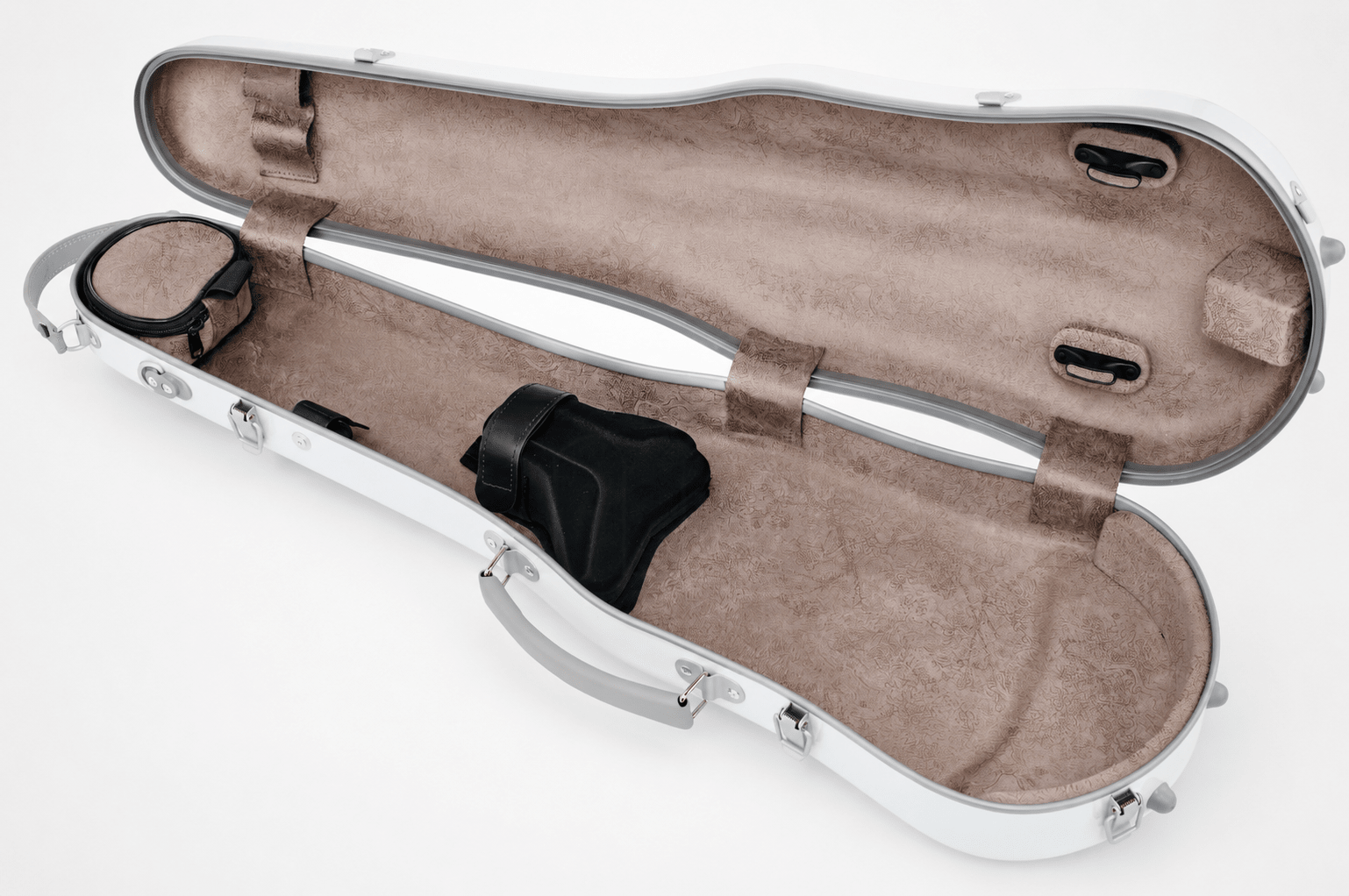 The Artino Muse CN3804 Violin Case | 4/4 & 3/4 is an open, empty white violin case with a brown velvet interior, featuring a lightweight polycarbonate shell and compartments for accessories and a shoulder strap inside.