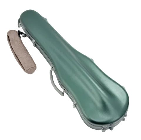 A green Artino Muse CN3804 Violin Case (for 4/4 & 3/4 violins), crafted from hard, lightweight polycarbonate and featuring a handle, rests closed on a white surface. Beside it lies a brown fabric bow case, highlighting the stylish durability of this protective violin case.