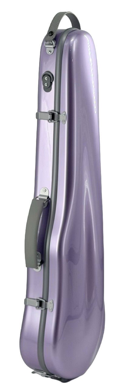 The Artino Muse CN3804 Violin Case (4/4 & 3/4), featuring a glossy, hard-shell polycarbonate exterior in metallic lavender with gray trim, handle, and silver latches, as well as a suspension-style interior, stands upright against a white background.