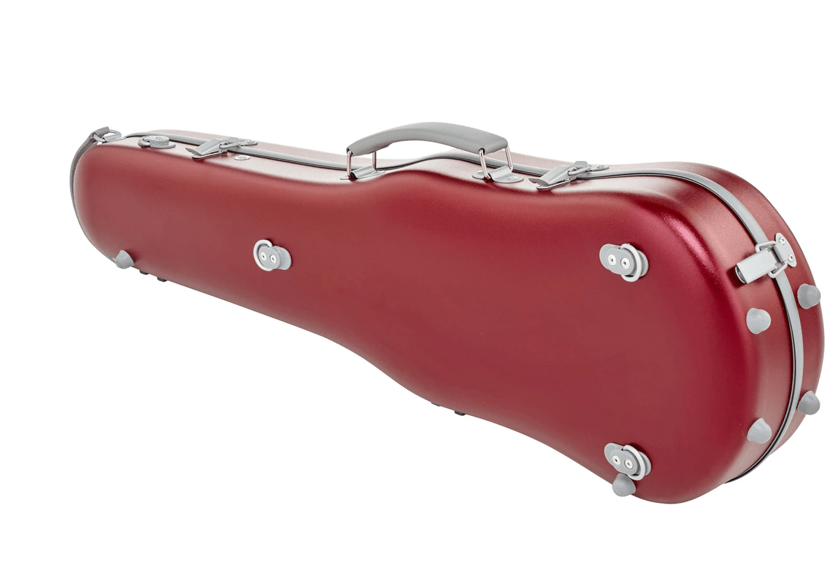 The Artino Muse CN3804 Violin Case | 4/4 & 3/4, featuring a glossy red polycarbonate hard shell, silver handle, gray latches, and protective feet, is displayed on a white background.