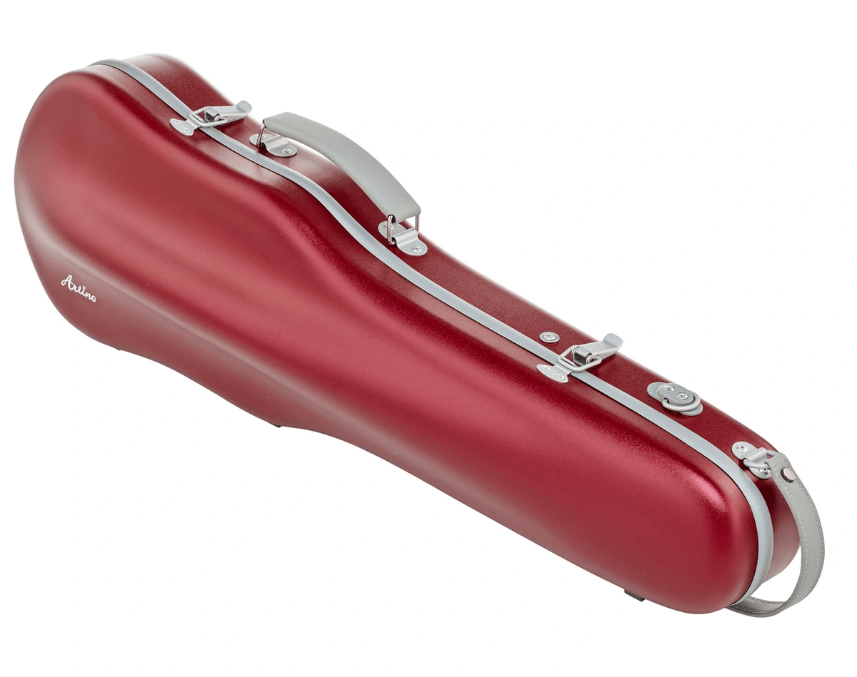 Artino Muse CN3804 Violin Case (for 4/4 & 3/4): A glossy red, contoured case featuring a durable polycarbonate shell, silver latches, a handle, and a shoulder strap, shown on a white background.