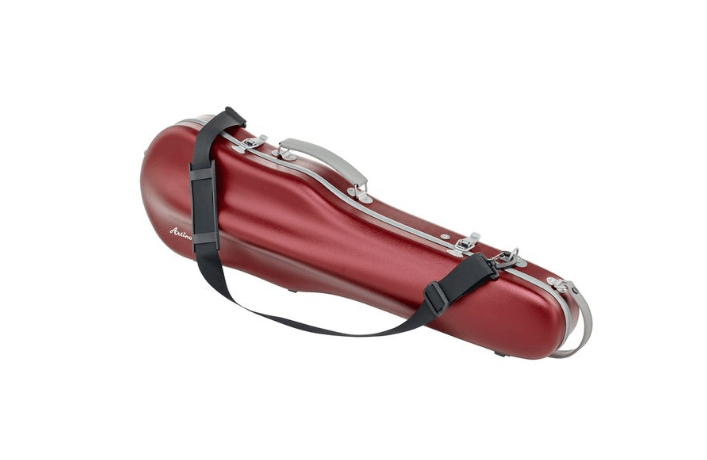 Artino Muse CN3804 Violin Case for 4/4 & 3/4 violins in red, featuring a robust polycarbonate hard-shell exterior, silver latches, and a black shoulder strap. Displayed on a white background, this case takes inspiration from premium violin case designs and is equipped with an advanced suspension system to provide superior protection for your instrument.