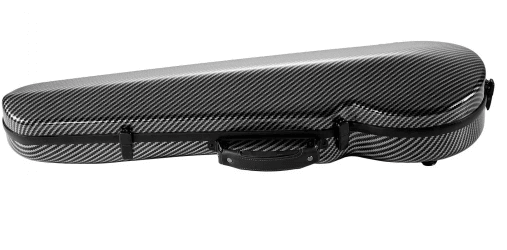 The Atelier Lightweight Composite Violin Case – 4/4 is a full-size violin case made from lightweight composite materials, featuring a diagonal, textured carbon fiber pattern and a sturdy handle, shown closed in a side view.