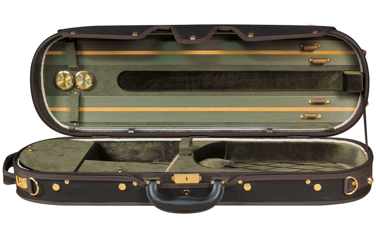 The Baker Street 4030 Oblong Violin Case features a black exterior, green velvet interior, accessory compartments, gold-tone hardware, bow holders, and two round rosin compartments in the lid for a touch of elegance.