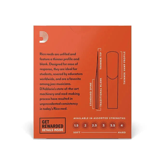 An orange box displays Rico Reeds info, with a reed profile and strength (1.5–4) diagram. Text highlights their thin Bb clarinet design, educator recommendation, and included reward details.
