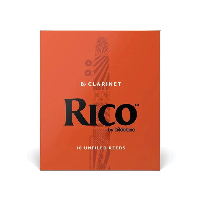 A bright orange Rico Reeds box for Bb clarinets features bold black text and decorative patterns, containing 10 unfiled reeds.