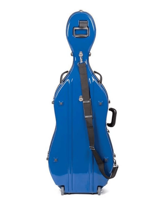 A glossy blue Bobelock 2000 Fiberglass Suspension Cello Case with Wheels stands upright against a white background, featuring a black shoulder strap, several visible metal latches, and all the features of a durable case designed to protect your instrument.