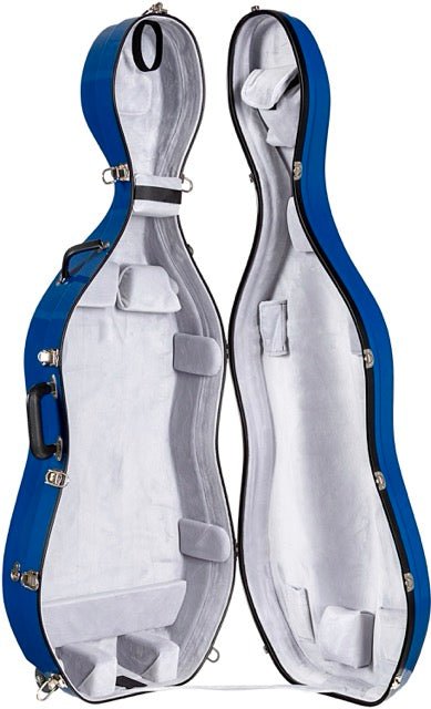 An open, empty blue Bobelock 2000 Fiberglass Suspension Cello Case with Wheels stands upright, displaying its soft gray padded interior and both halves visible. This durable case offers excellent protection and stylish transport for your cello.