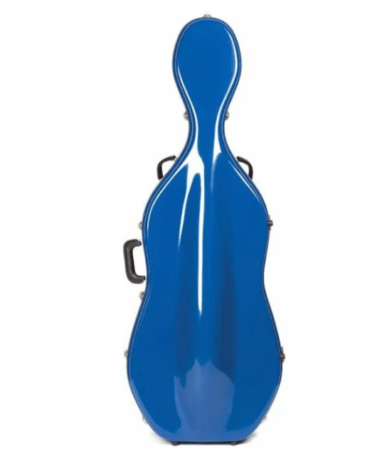 A glossy blue Bobelock 2000 Fiberglass Suspension Cello Case with wheels, featuring black handles and latches, is photographed against a white background; this durable case offers robust protection for your instrument.