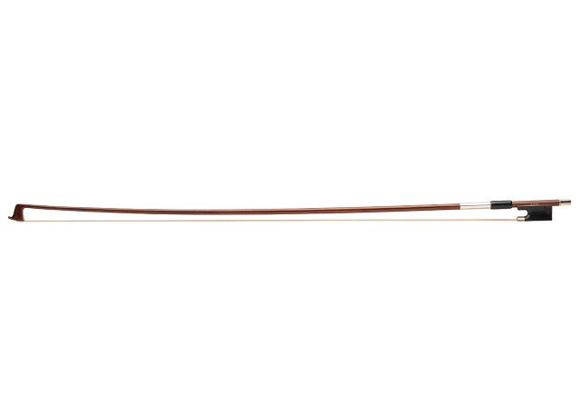 The BWVRW Revelle Violin Bow 4/4 features a curved wooden stick, white horsehair, a black frog with silver ferrule, screw, and winding, displaying a refined wood look against a plain white background.