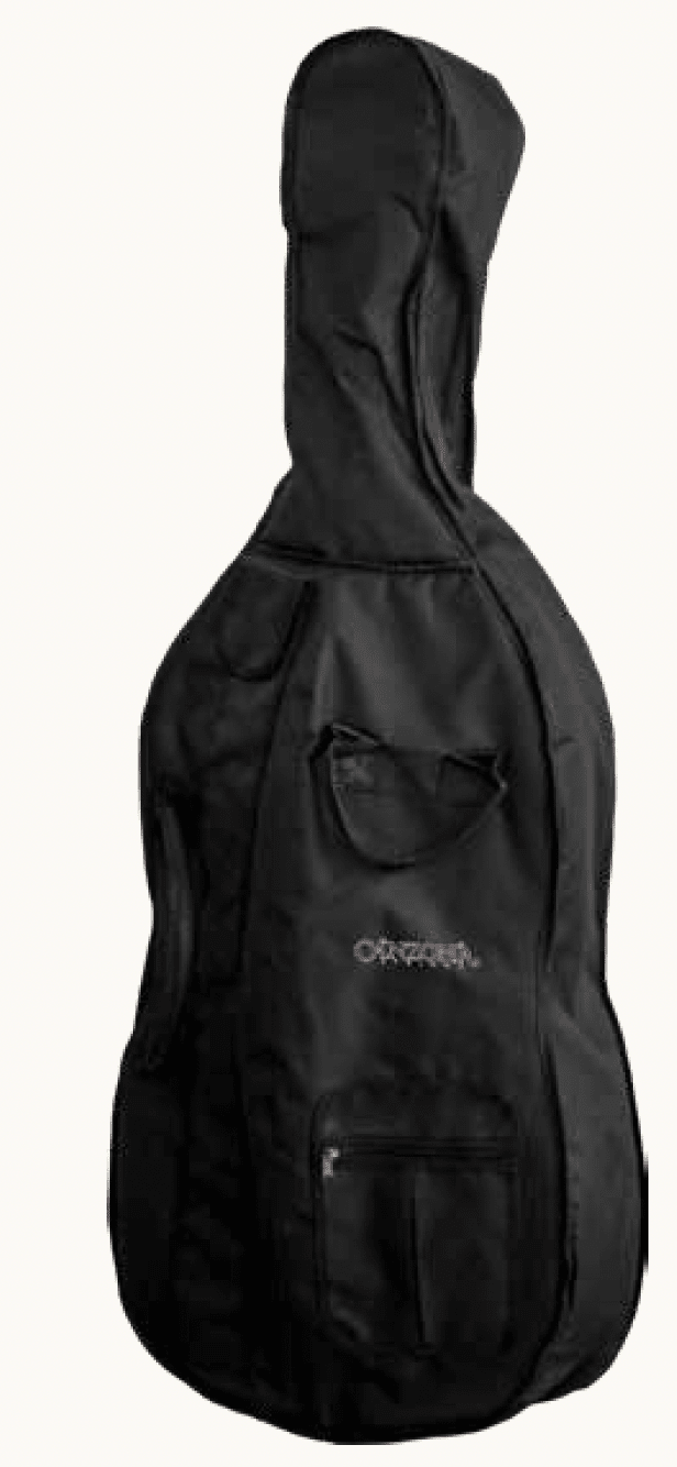 The Canzona Allegra 100 Series Student Double Bass Outfit includes a black padded gig bag with multiple zippered pockets and a handle for easy carrying and protecting your student bass.