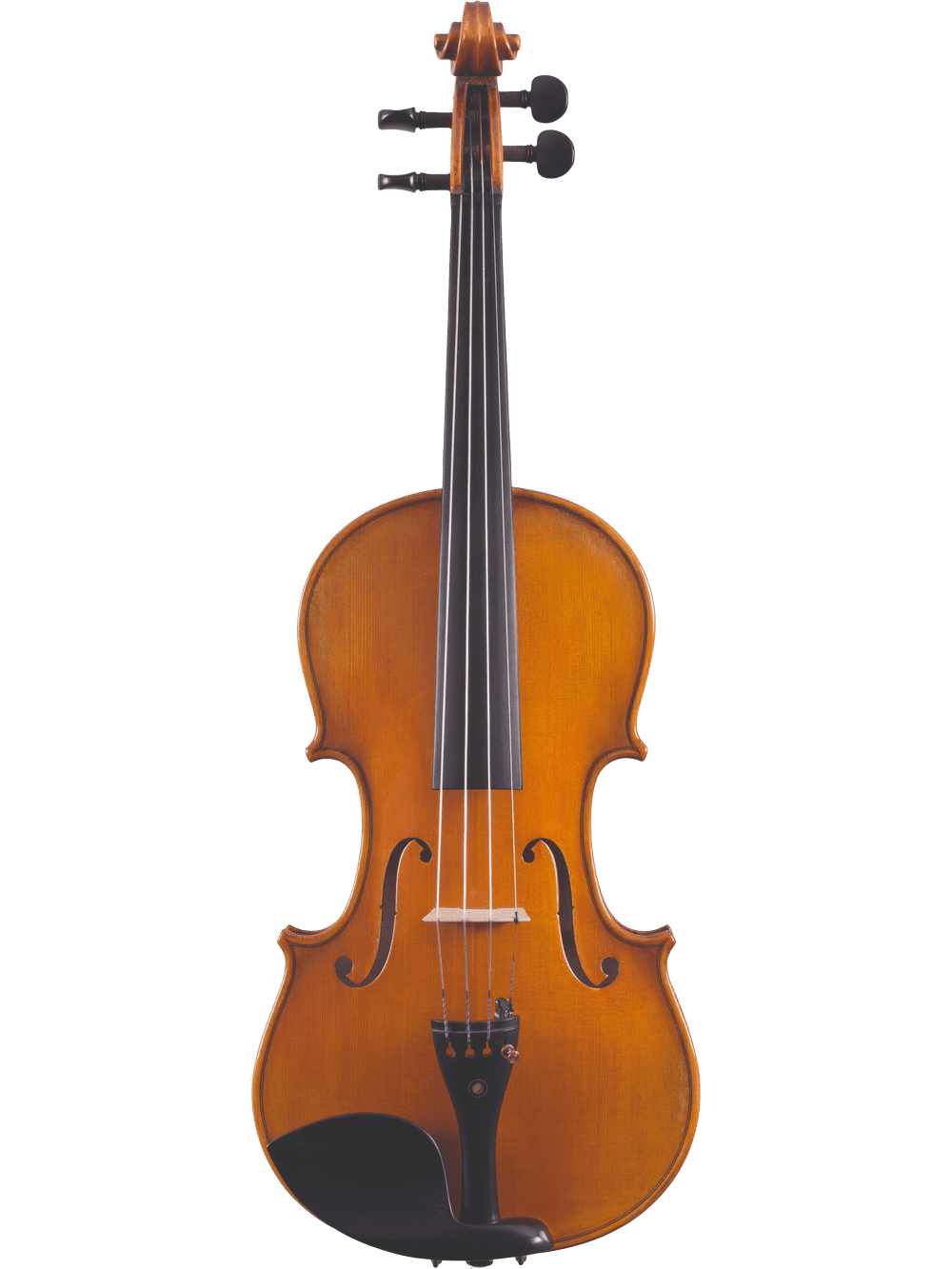 A full front view of the Canzona A. Tennyson Advanced Violin, made from AAA-grade seasoned spruce with four strings, black tuning pegs, and a black chin rest—ideal for advancing players—isolated on a white background.