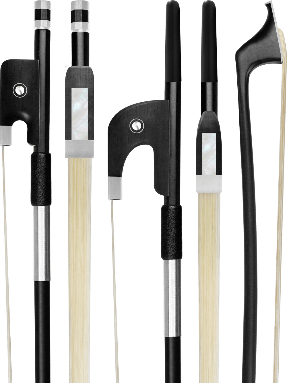 Five Canzona Allegra 100 Series Student Double Bass bows with metal and mother-of-pearl accents stand upright against a white background, highlighting the frogs, tips, and hair of each bow in close-up detail.