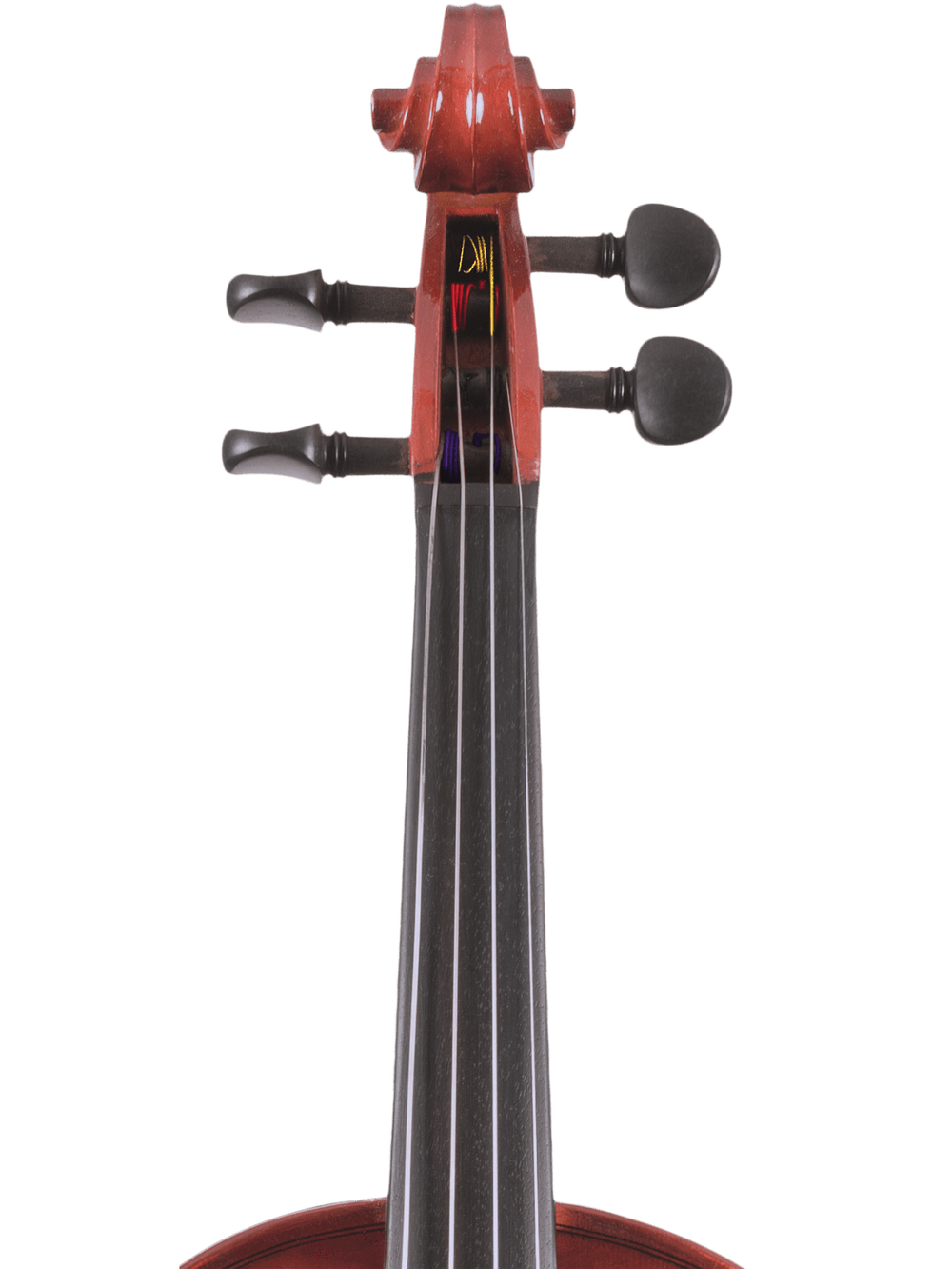 Close-up of the upper part of the Canzona Allegra Student Viola Outfit – Hand Carved Spruce & Maple, highlighting the scroll, tuning pegs, and fingerboard against a white background.