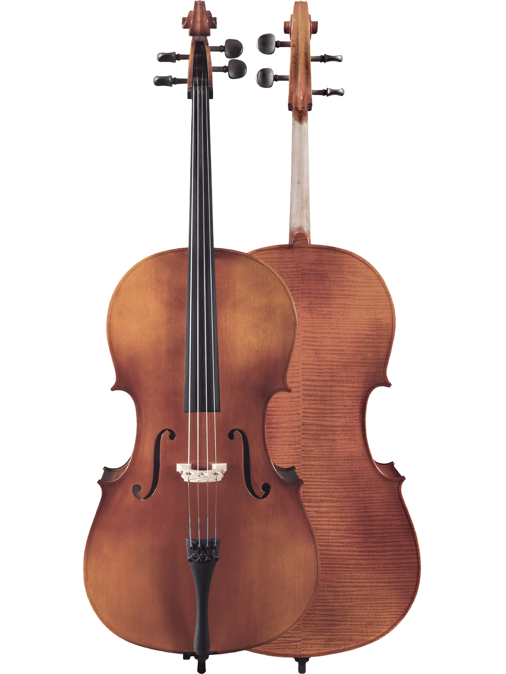 Two wooden cellos are shown—one highlighting the strings and f-holes, the other showing the curved back. The Canzona Allegro 100 Cello Outfit is displayed against a plain white background.