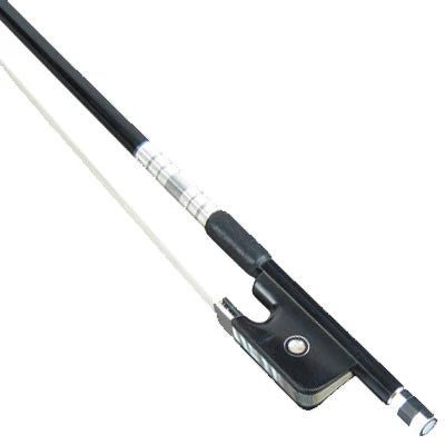 A close-up of the Canzona Allegro 100 Cello Outfit bow, featuring silver winding, white bow hair, and details of the frog and screw adjuster end.