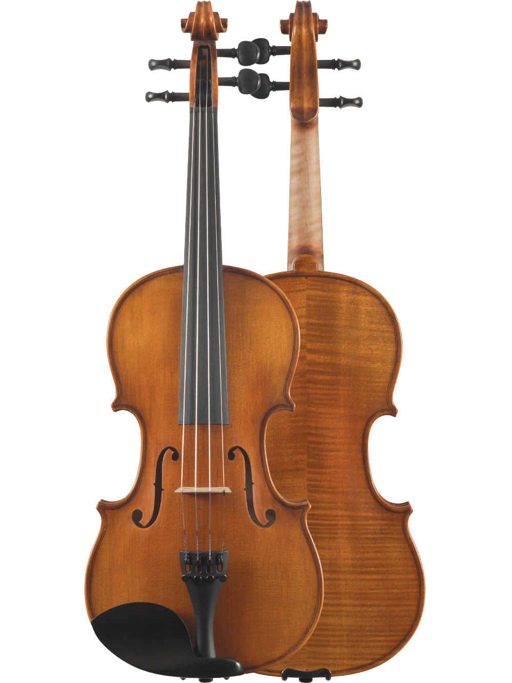 Two violins are displayed: one shows the strings, f-holes, and fingerboard; the other reveals the wood grain on the back. Both feature a polished brown finish like that of a Canzona Caprice 300 Series Intermediate Viola Outfit.