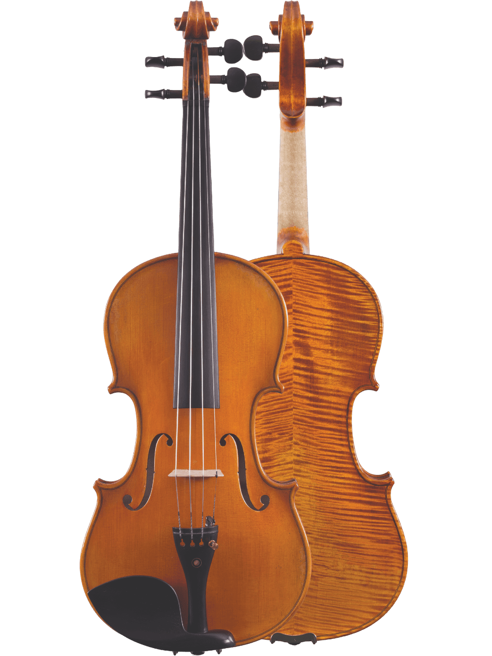 Two Canzona Francesco Veracini 530 Artist Series Violins – AAA Spruce & Flamed Maple are displayed upright on a plain white background: one shows the front with strings and f-holes, the other reveals its glossy, striped back.