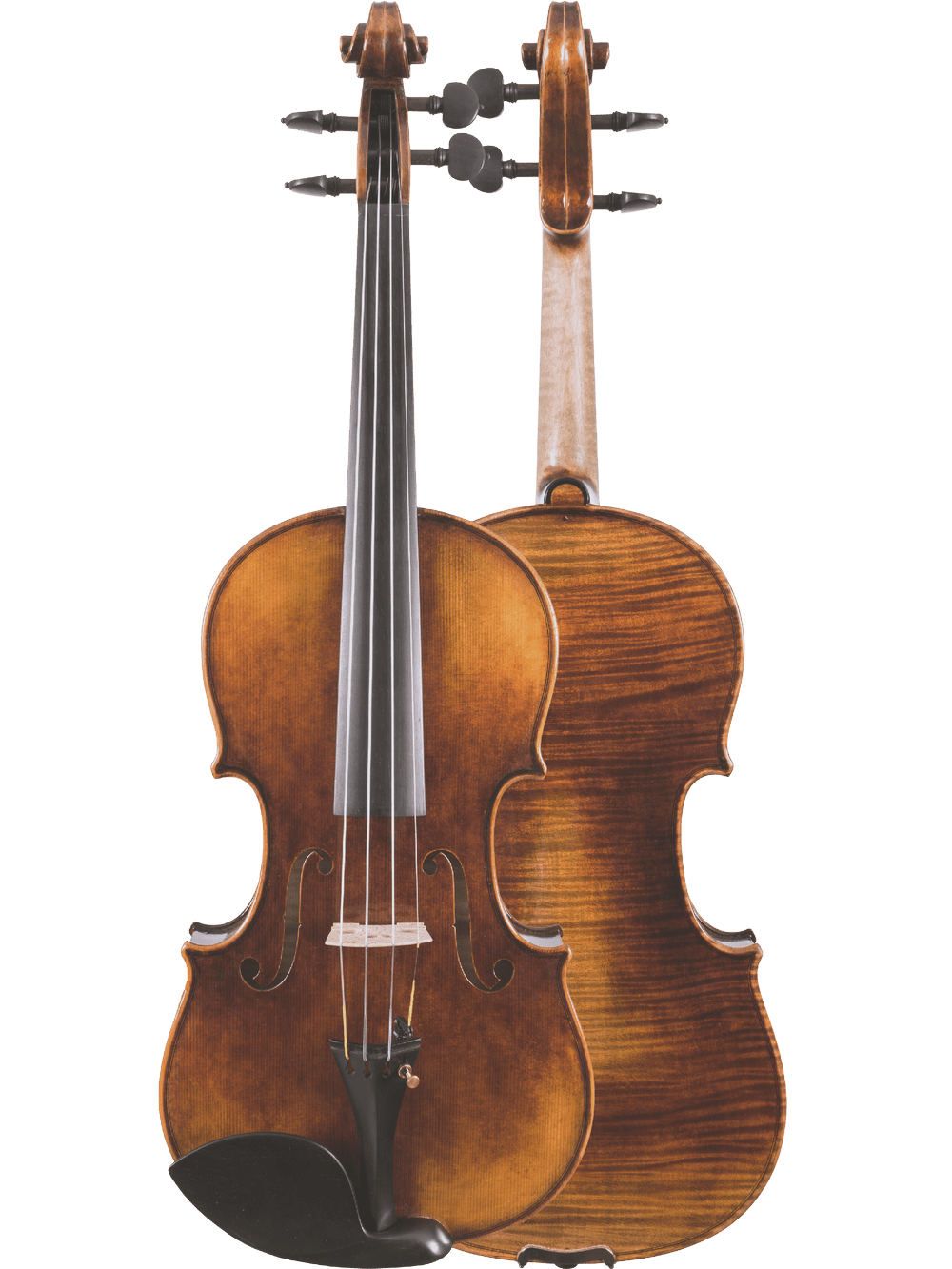 Two violins are shown on a white background: an advanced student violin facing forward to display the strings and fingerboard, and a Canzona Lombardy Violin Outfit facing backward to highlight its hand-carved wood grain.