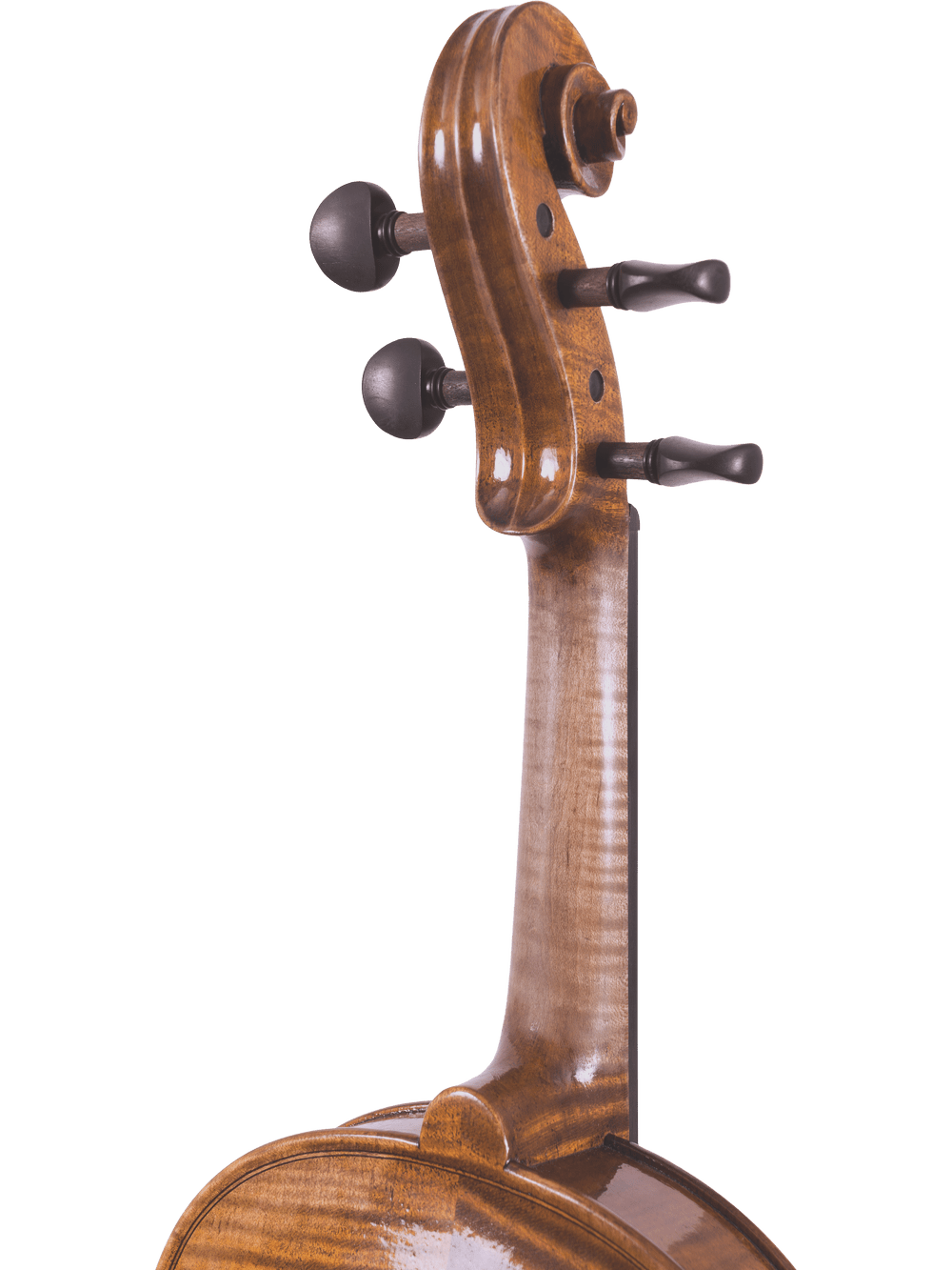 Close-up of the scroll, tuning pegs, and upper neck of the Canzona Lorenzo Intermediate Violin Outfit, highlighting its hand-carved details against a white background.