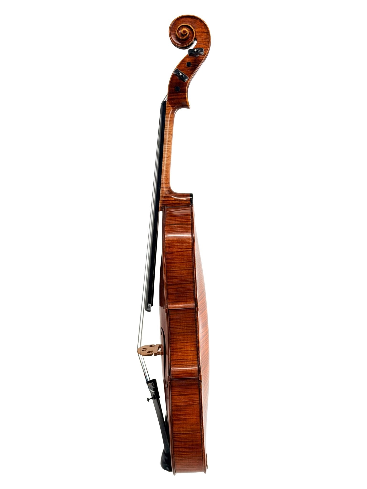 A side view of the Canzona Maestro-Level Viola – New Old Stock, Romanian Made, featuring flamed maple back and bear claw spruce top, with a rich brown finish and elegant curves, isolated on a white background.