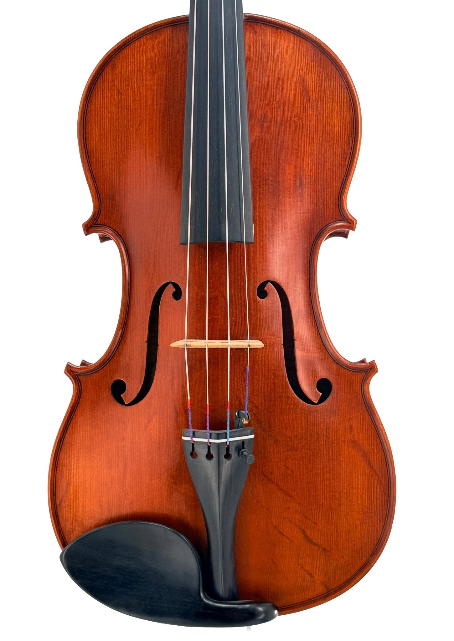 A close-up of the Canzona Maestro-Level Viola – New Old Stock, Romanian made from flamed maple and bear claw spruce, displaying its front body, strings, black fingerboard, bridge, and chin rest against a white background.