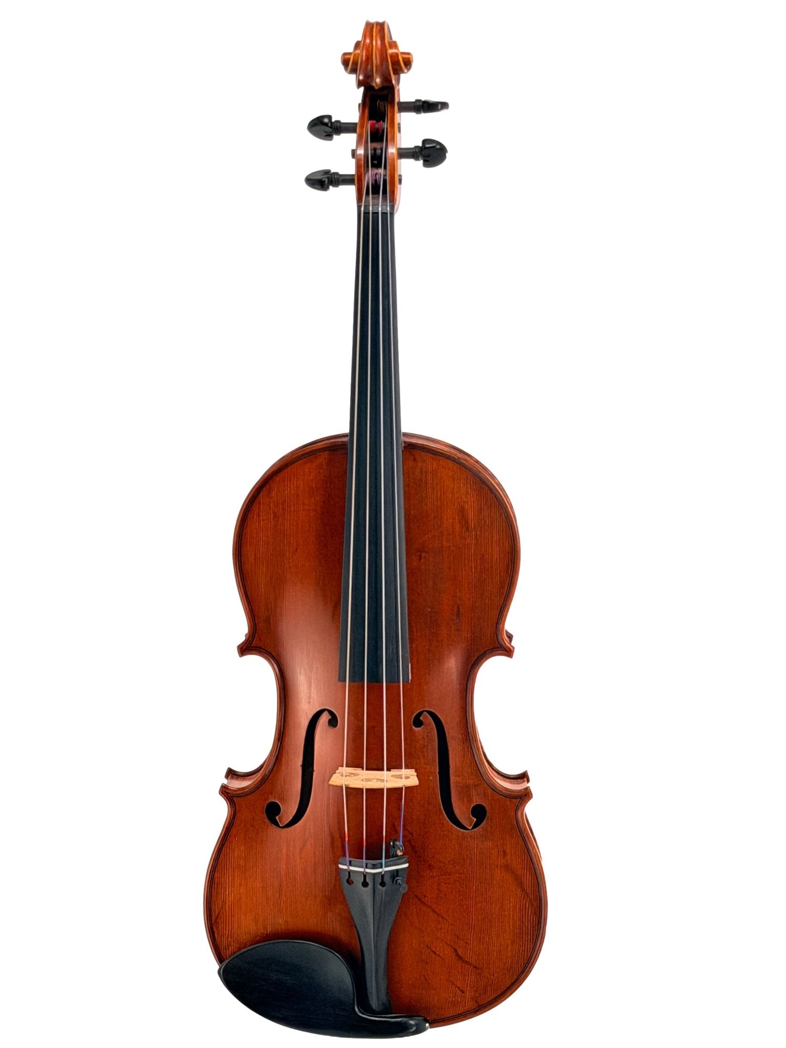 A full view of the Canzona Maestro-Level Viola – New Old Stock, Romanian made from flamed maple and bear claw spruce, with four strings, black tuning pegs, and a black chin rest, photographed against a white background.