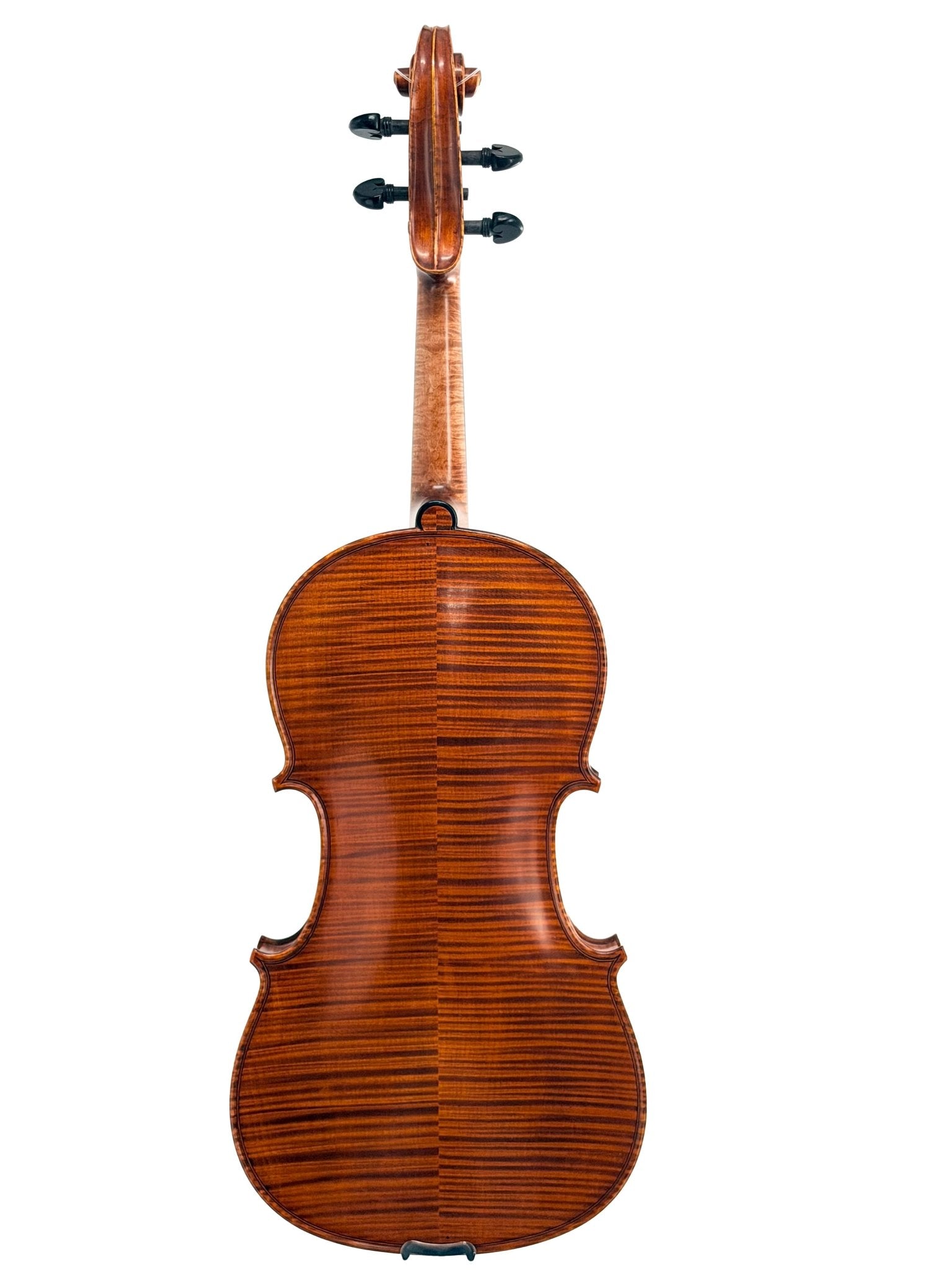 A full view of the Canzona Maestro-Level Viola – New Old Stock, Romanian made, highlights its rich flamed maple back and bear claw spruce craftsmanship, photographed against a white background.