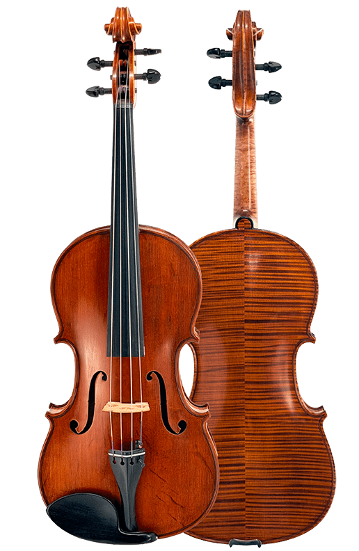 Two Canzona Maestro-Level violas are shown: one highlights the front with strings, f-holes, and bridge; the other reveals a striped flamed maple back. Both feature a polished reddish-brown finish. Romanian made from bear claw spruce and flamed maple.