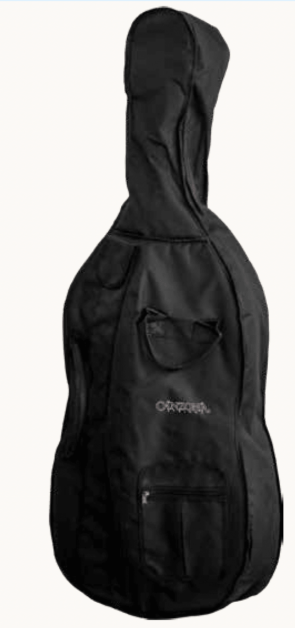 The Canzona Caprice 300 Cello Outfit features a black padded case with multiple zippered pockets, designed to securely protect and carry your cello.