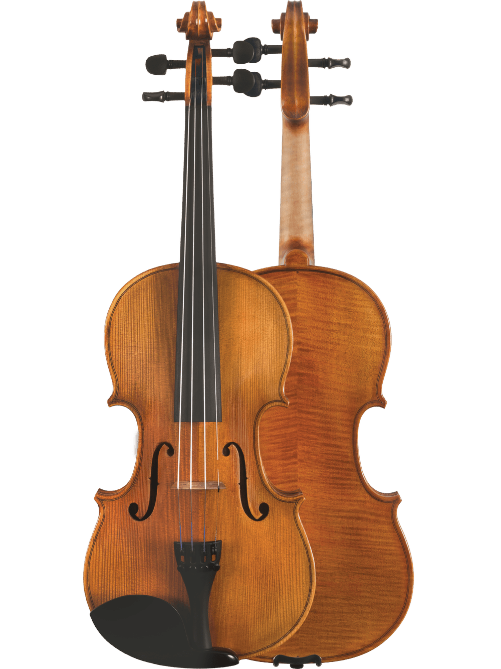 Two Canzona Milano 400 Series Viola Outfits are shown: one displays the strings, f-holes, and chin rest, while the other reveals its smooth wood grain back. Both feature a warm brown finish and black pegs, perfect for student players.
